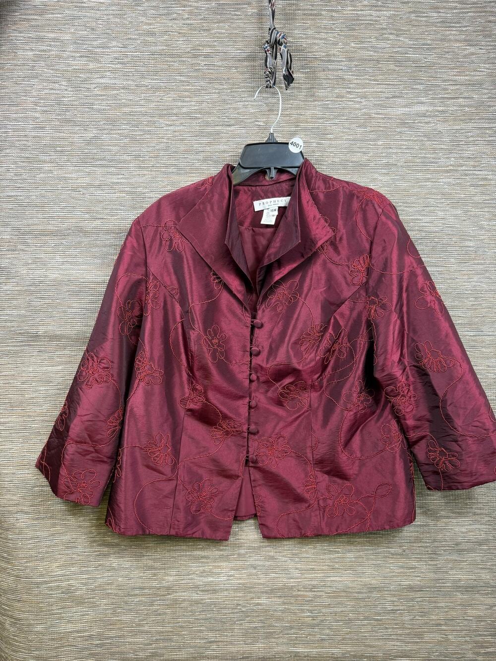 Prophecy Blazer Jacket Womens 16W Red Floral Embroidered Button Front 3/4 Sleeve